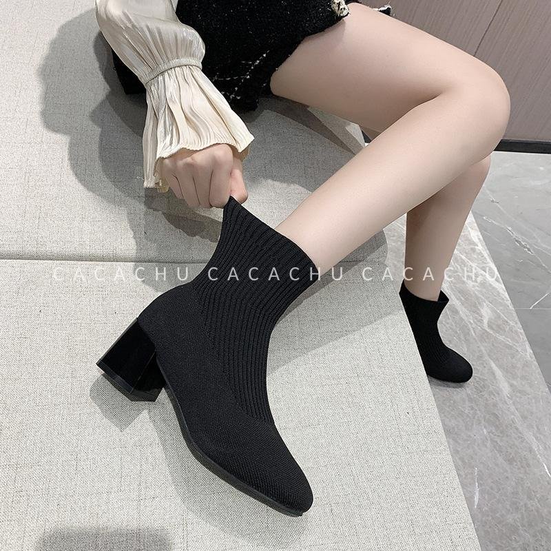 Boot len nữ cao cổ lửng đế cao 7cm màu đen đẹp siêu hot 2022, Bốt nữ Quảng Châu  cao cấp form xinh ôm chân CACACHU G044
