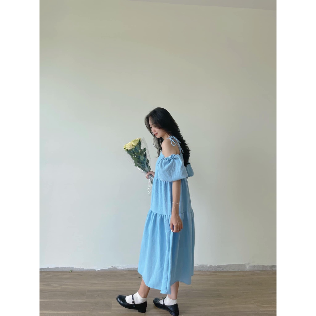[Ảnh thật/Sẵn]Váy babydoll 2 dây tay bồng tháo rời form rộng xoè chất Đũi xốp/Đầm 2 dây đi biển