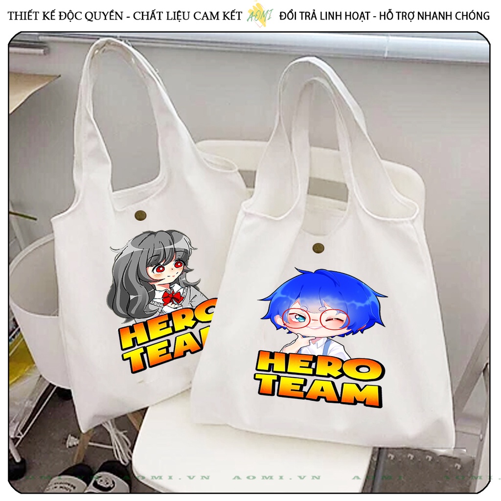 TOTE CANVAS HERO TEAM SAM SIM SIRO TIMMY KAMUI FORM TRÒN TÚI VẢI ĐEO VAI BAG NÚT BẤM SIZE LỚN AOMIVN DU LỊCH DẠO PHỐ