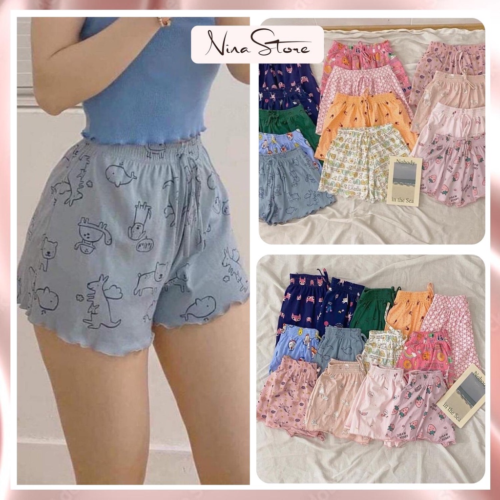 Quần đùi nữ chất cotton, quần short nữ mặc nhà cạp chun thoáng mát họa tiết hoạt hình NinaStore