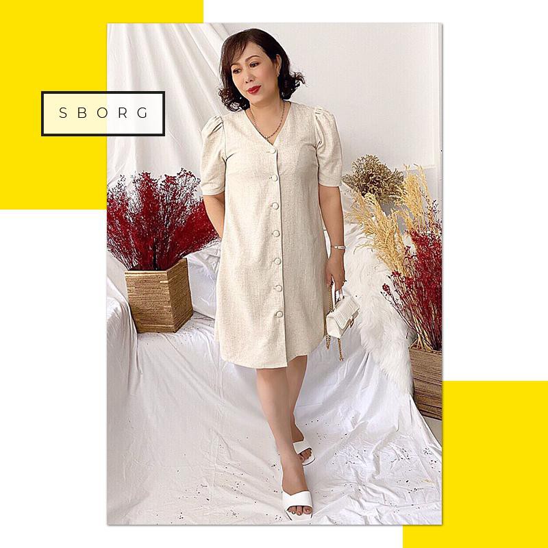 Đầm trung niên SBORG hàng thiết kế cao cấp chất liệu linen màu kem form A thoải mai de thương Bigsize quà tặng 8/3