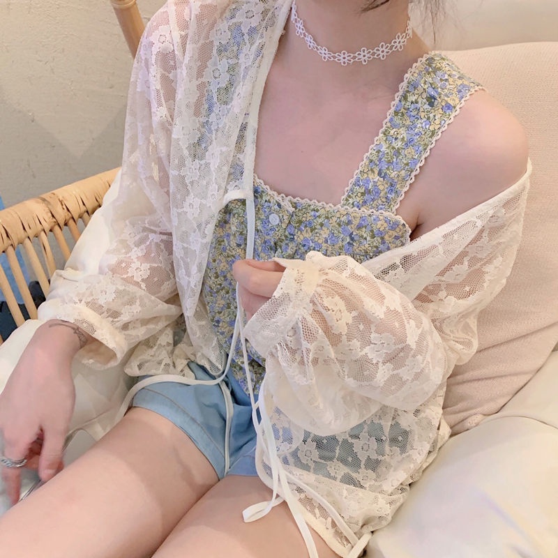 Set áo khoác ren dài tay + áo hai dây hoa phong cách Hàn Quốc xinh xắn cho nữ (có bán lẻ)