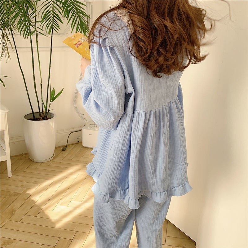 Bộ Đồ Ngủ Tay Dài Phối Ren Phong Cách Hàn Quốc Đơn Giản Xinh Xắn Thoải Mái Cho Nữ