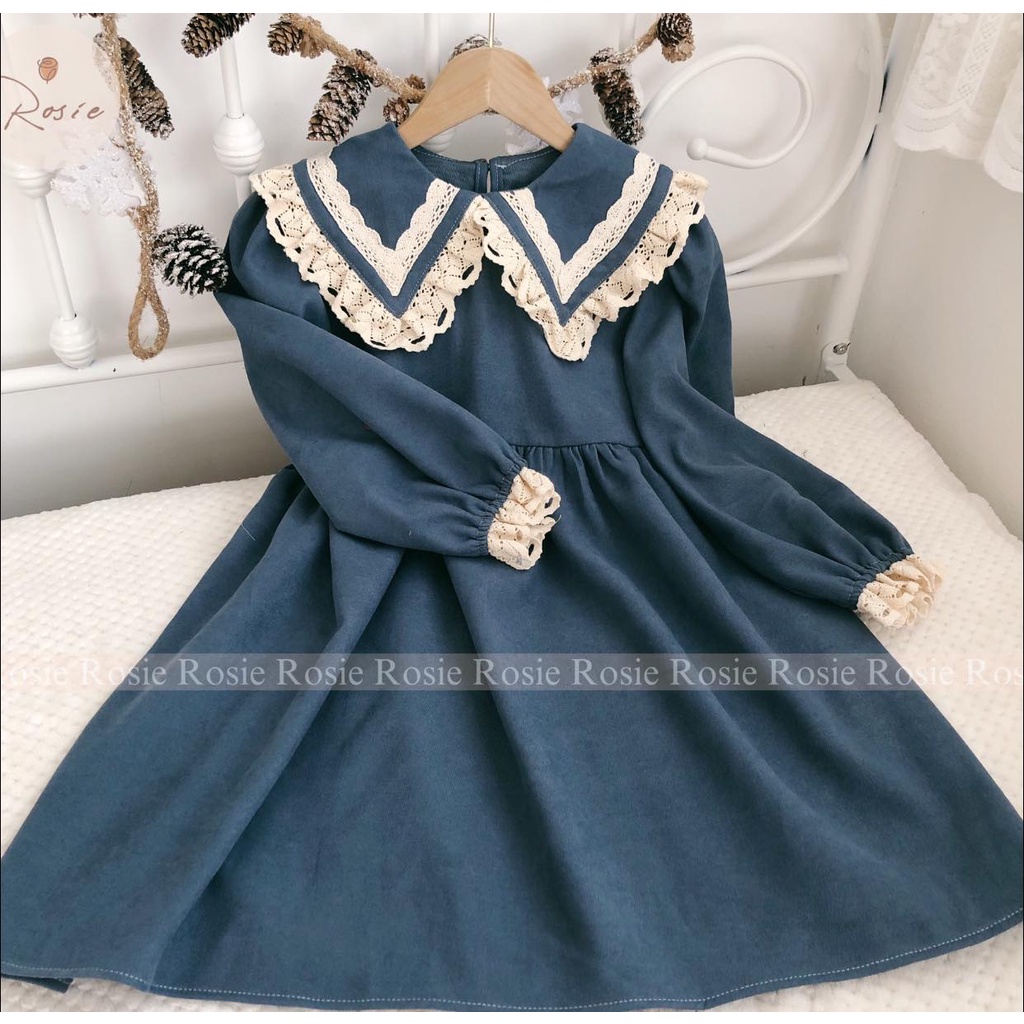 Váy nhung xanh Navy cổ ren ROSIE V86 chất nhung cổ ren điệu và sang chảnh cho bé gái từ 9-43kg