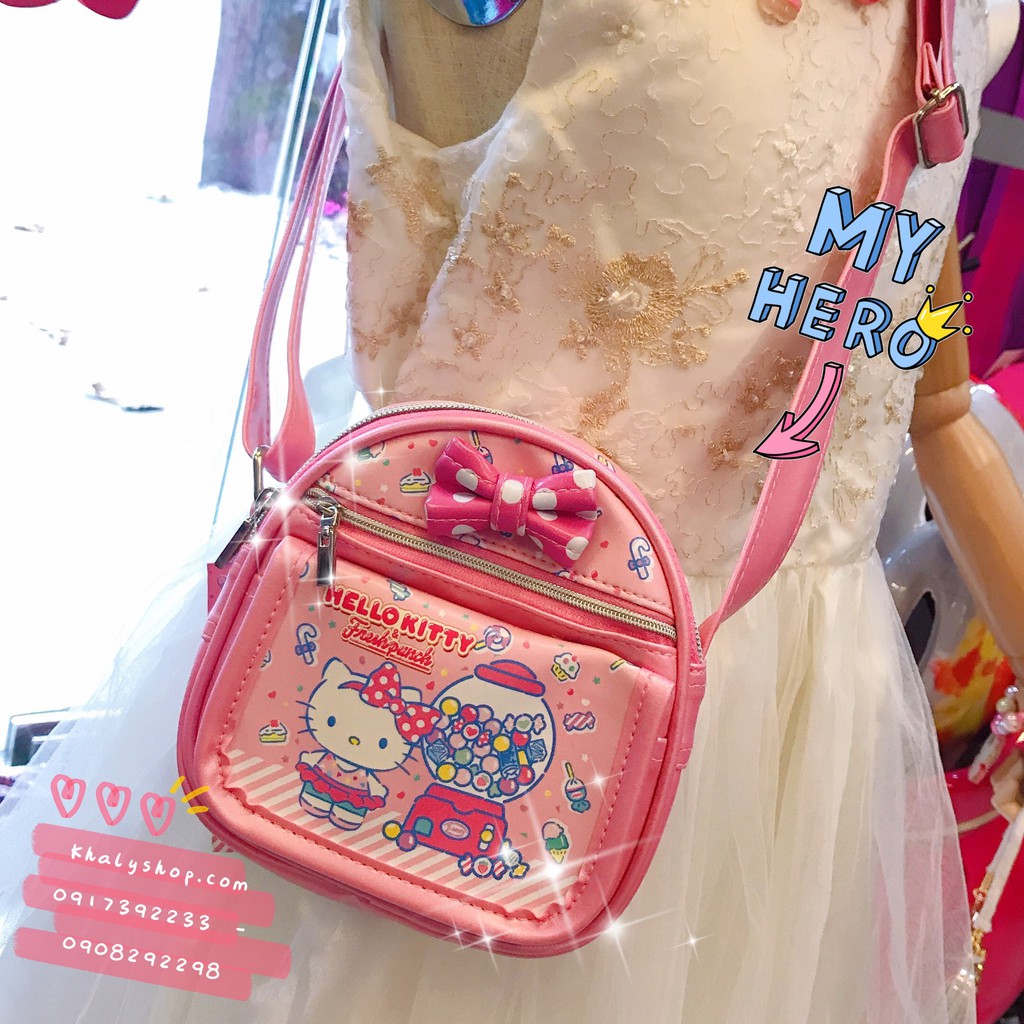 Túi đeo chéo hình mèo Hello Kitty fresh punch kẹo 3 ngăn bầu màu hồng cho bé gái (Thái Lan) - KTP095 - (15x7x15cm)