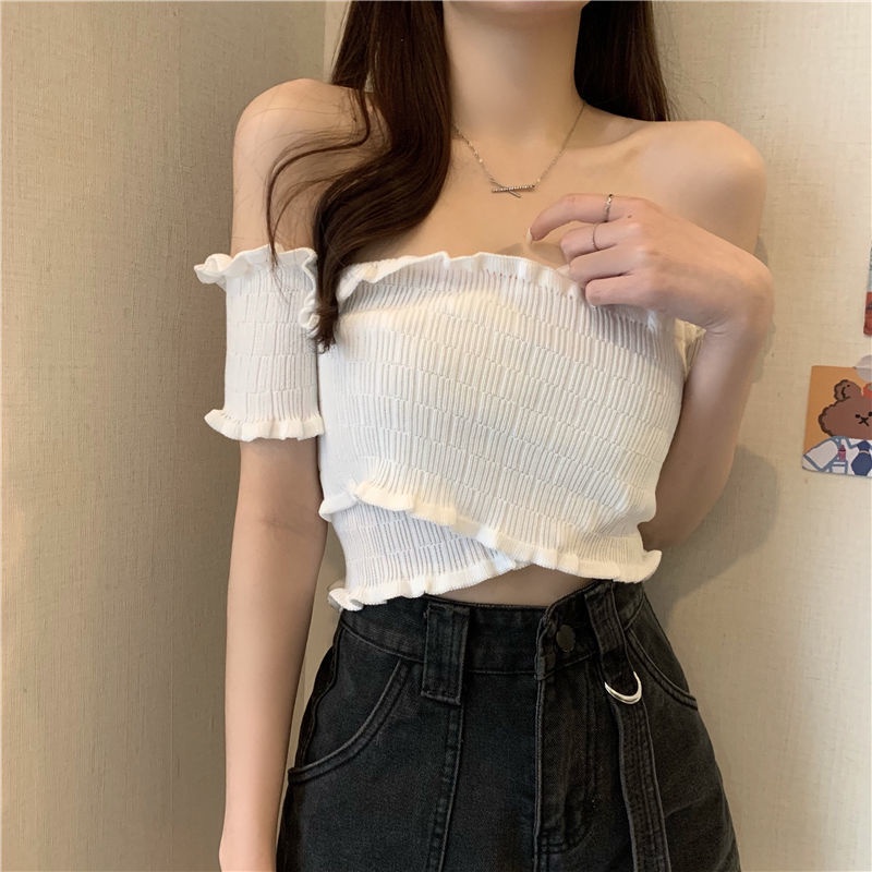 Áo Dệt Kim Ngắn Tay Trễ Vai Phong Cách Hàn Quốc Trẻ Trung Dành Cho Nữ