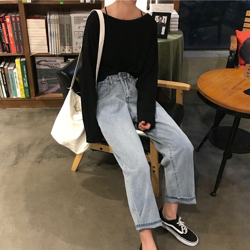 [Baywellfashion]Women Autumn Solid Color Loose Denim Wide Leg Loose Elastic High Waist Straight Casual Pants | BigBuy360 - bigbuy360.vn