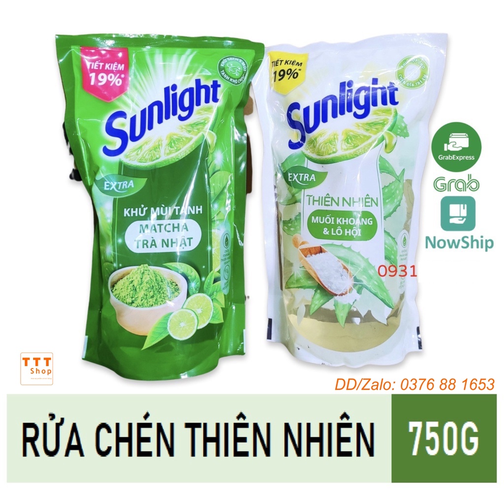 [Hoả Tốc] SUNLIGHT Nước Rửa Chén 750g dạng túi Matcha Trà Xanh Nhật , Muối Khoáng Lô Hội TrắngThiên Nhiên 750 g