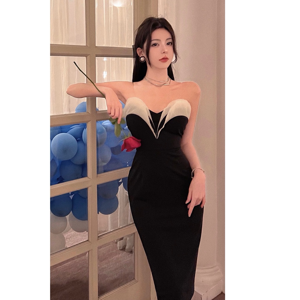 Đầm Dự Tiệc Màu Đen Cổ Chữ V Dáng Ôm Phong Cách Thời Trang Pháp Dành Cho Nữ