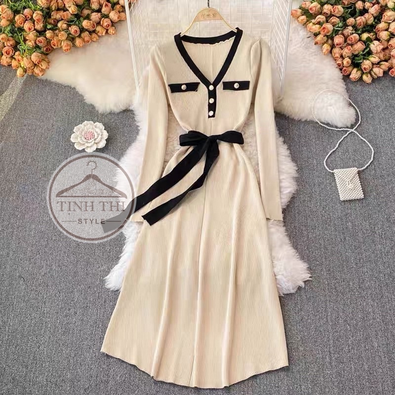 Đầm cổ V dài tay phối viền, đầm chữ A chất vải thun len dệt kim