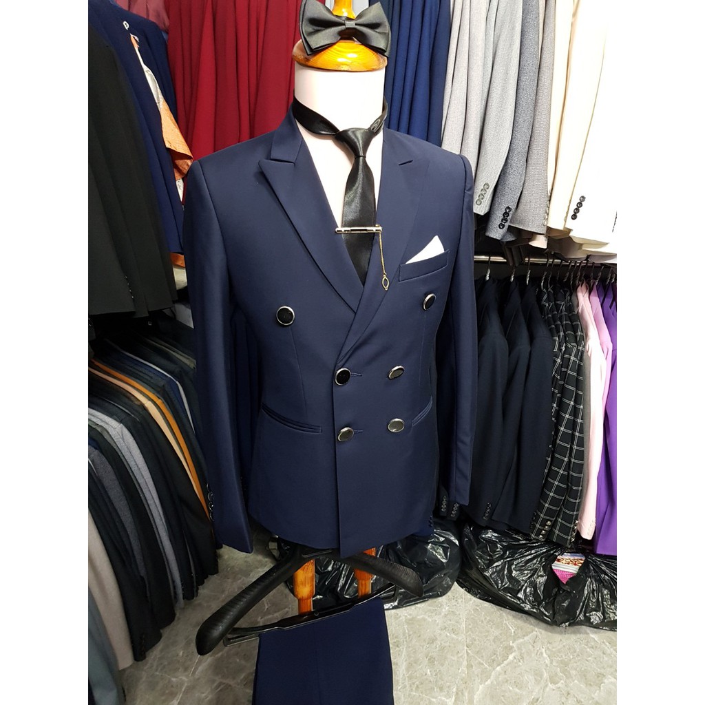 Bộ vest nam ôm body kiểu 6 cúc màu xanh đen tặng cà vạt + kẹp