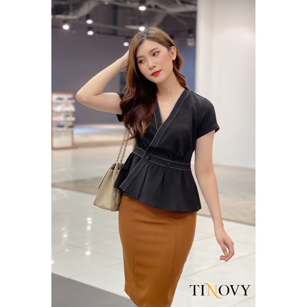 Áo kiểu tay dài cổ tim nẹp cài đan chần chỉ cho nữ công sở TINOVY H0192