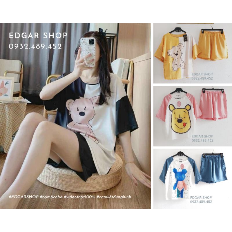 Bộ Đồ Ngủ Ngắn Hoạt Hình Lụa Satin Bộ Đùi Mặc Nhà Nữ, KÈM VIDEO