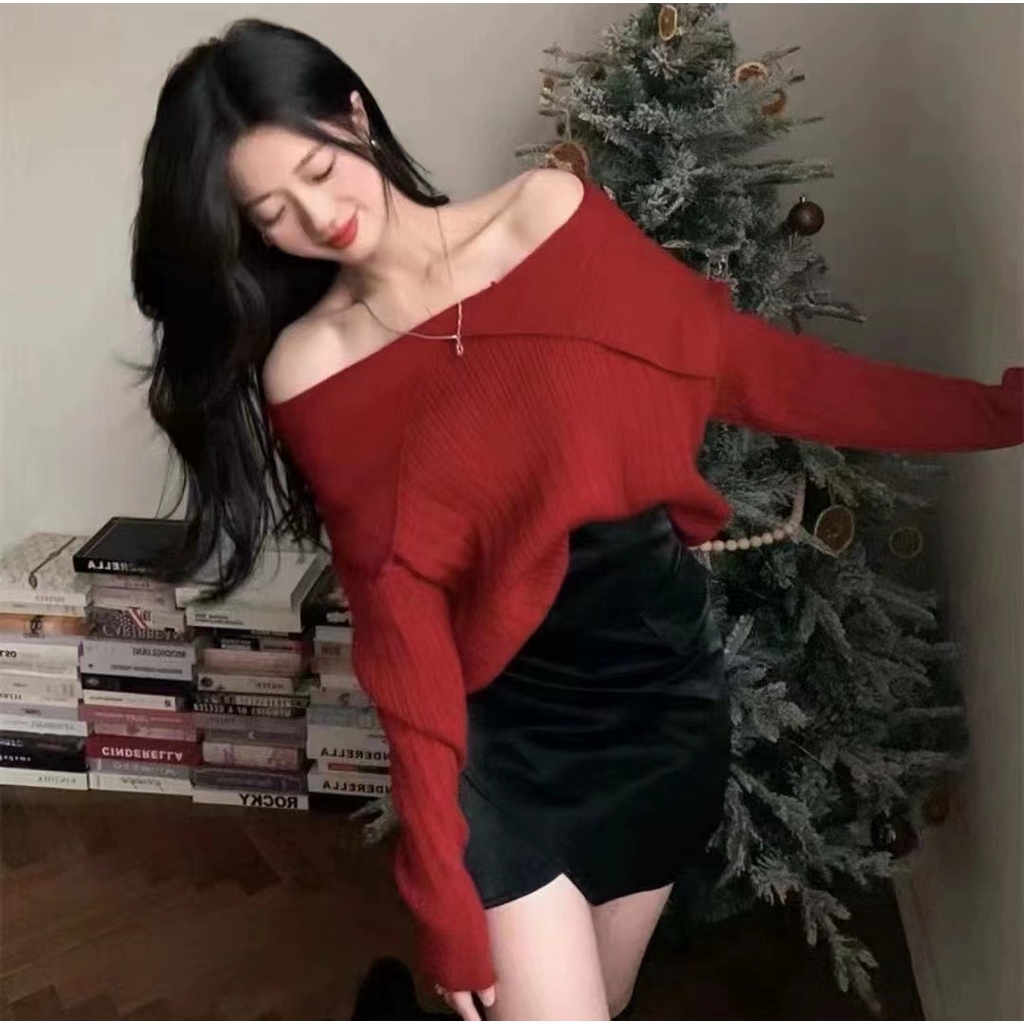 Áo Dệt Kim Tay Dài Hở Vai Dáng Ôm Phong Cách Hàn Quốc Thời Trang Cho Nữ