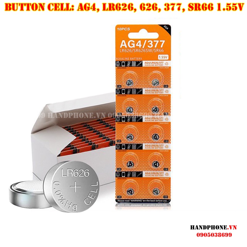 1 vỉ 10 viên pin cúc áo 1.5V AG4, LR626, 377, 626, SR66 Pin Kẽm, Mangan, Alkaline Battery cho Đồng Hồ, Máy Tính