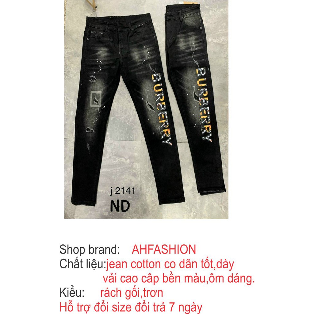 Quần jean nam đen chất bò rách gối co giãn cao cấp in BBR vải dày AHFASHION