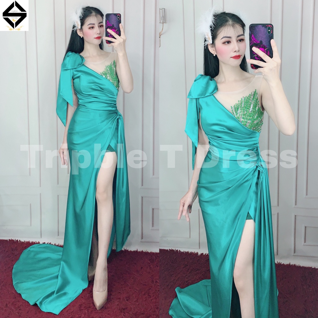 Đầm maxi body dạ hội TRIPBLE T DRESS 1 vai nơ kết cườm ngực - size S/M/L - MS236Y