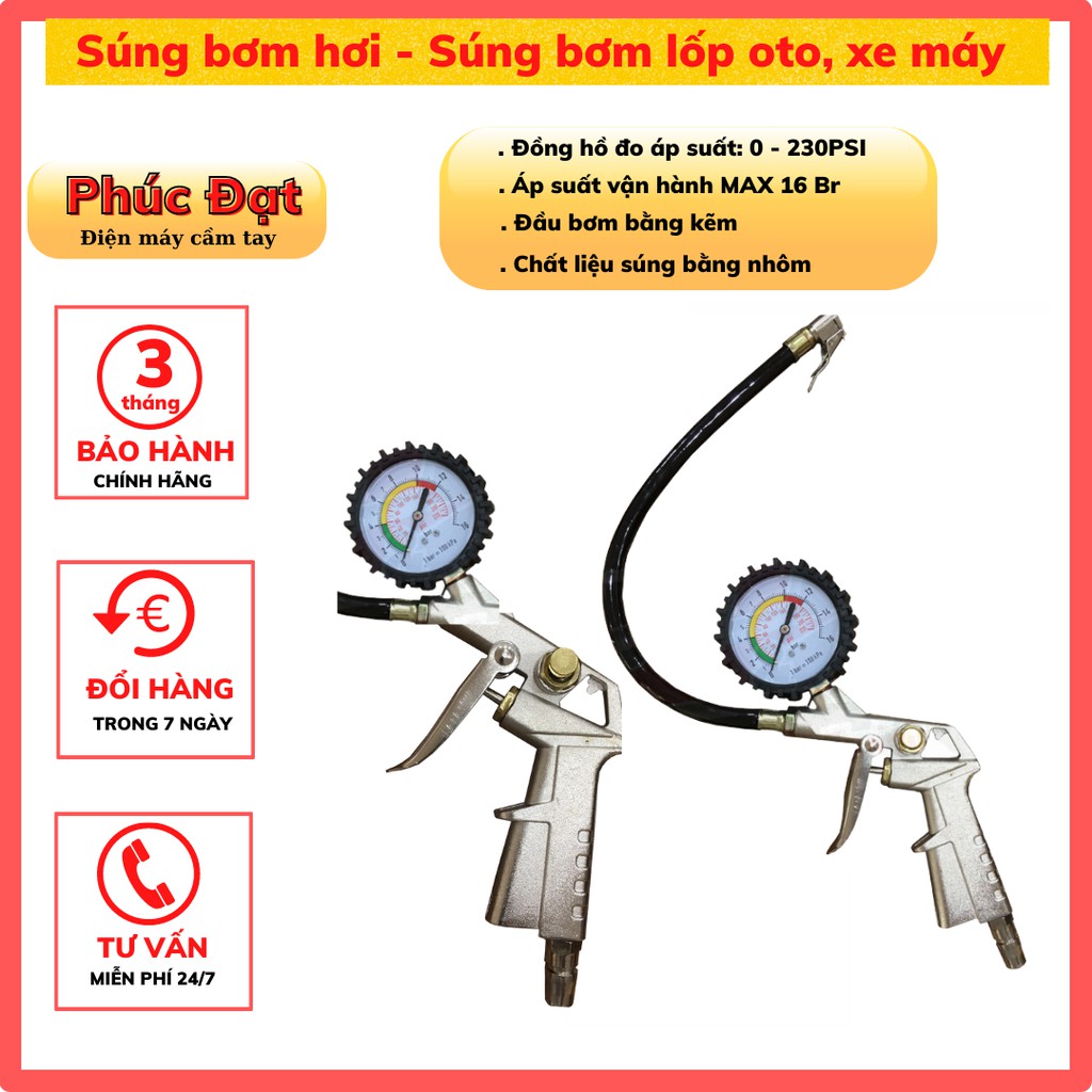 Súng bơm hơi, súng bơm lốp xe máy, xe ô tô - Đồng hồ bơm hơi cao cấp