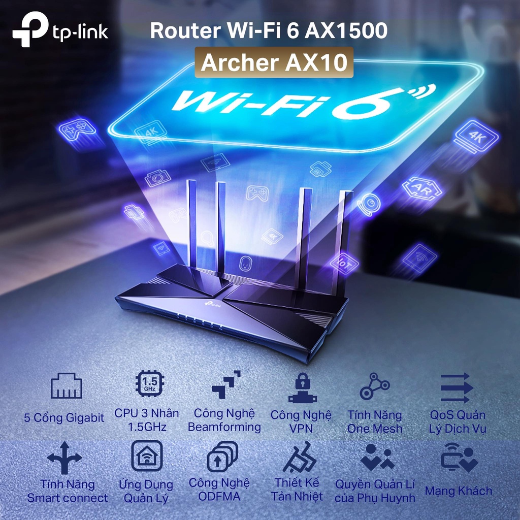 [HCM - Hỏa tốc] Bộ Phát Router Wifi 6 AX1500Mpbs TP-Link Archer AX10 | Hàng Chính Hãng | Bảo Hành 2 Năm | NgocVien Store