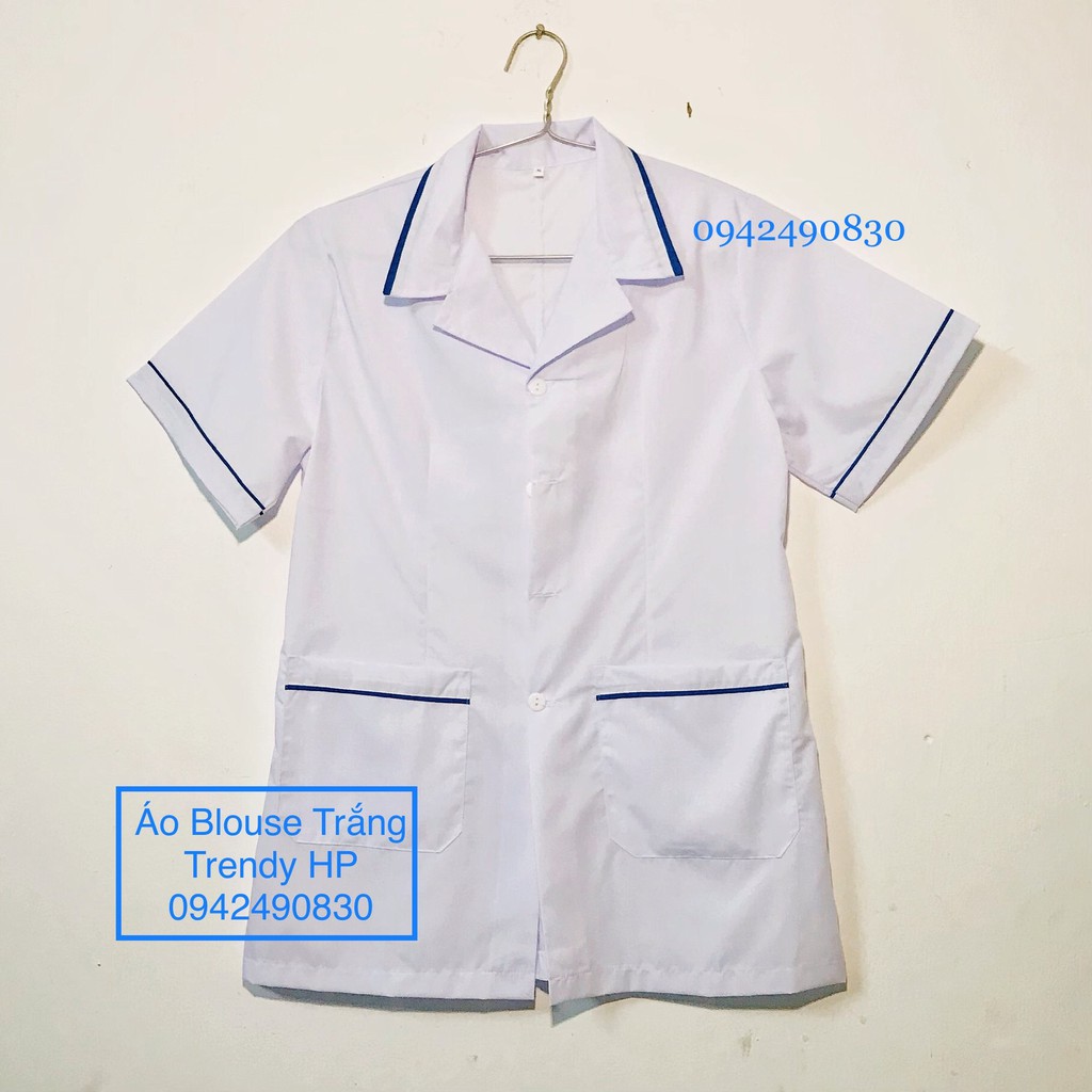 Áo blouse trắng y tá nam nữ hàng đẹp - áo điều dưỡng nam nữ cộc tay có viền xanh