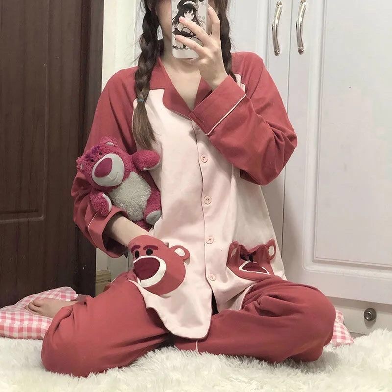 Set đồ ngủ pyjama tay dài hoạ tiết gấu lotso basic hàn quốc