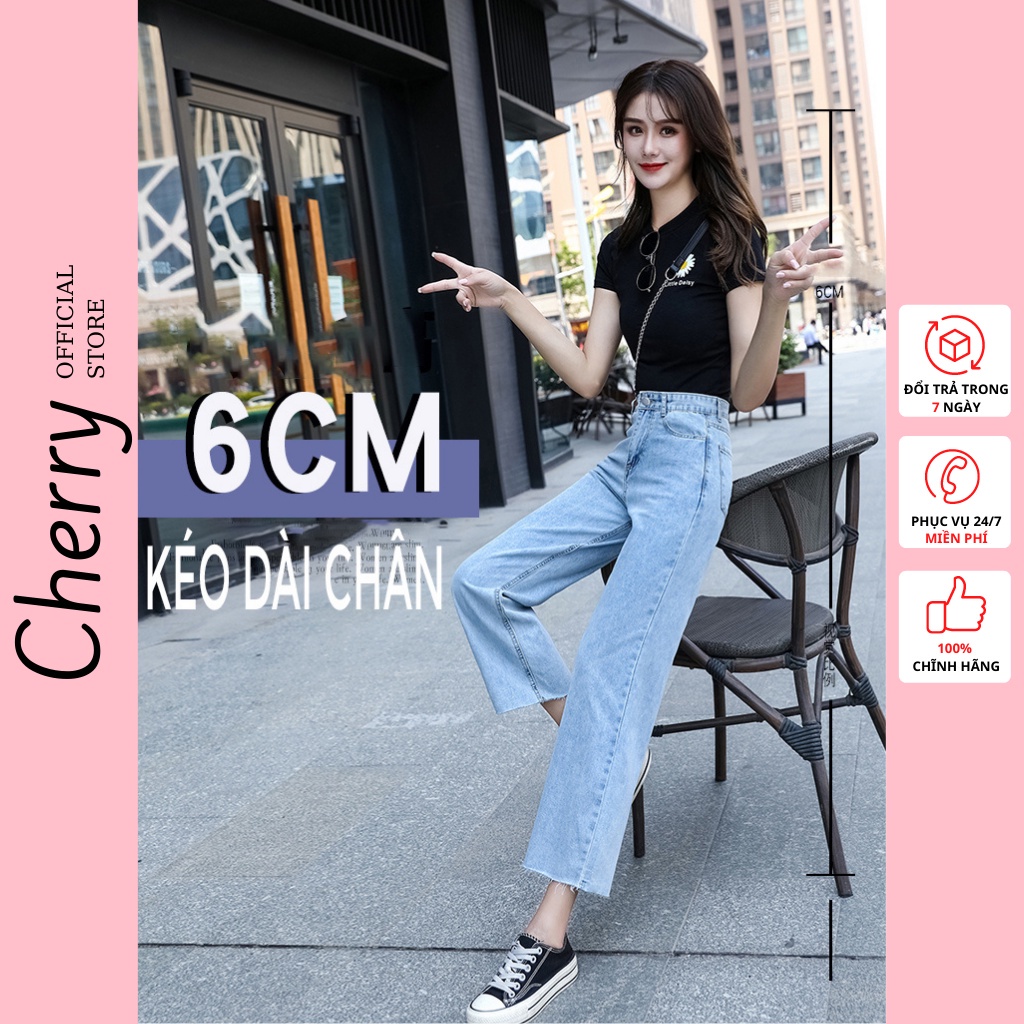 ♕✷✷Quần jean nữ ống rộng lưng cao dáng lửng ngắn phong cách Hàn Quốc CHERRY, bò đứng bigsize cạp T038