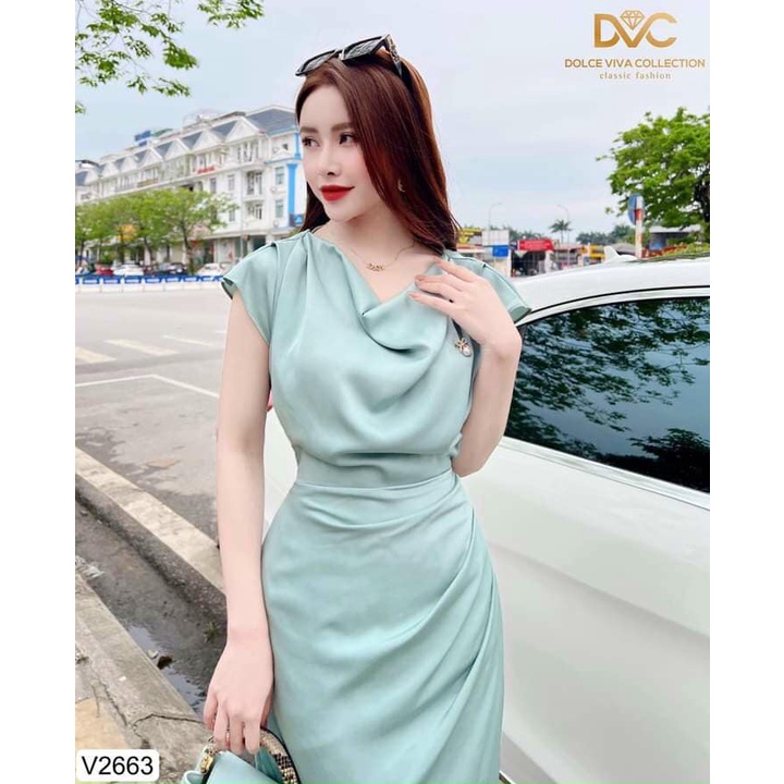 ĐẦM LỤA XANH MINT XẺ TÀ DVC V2663