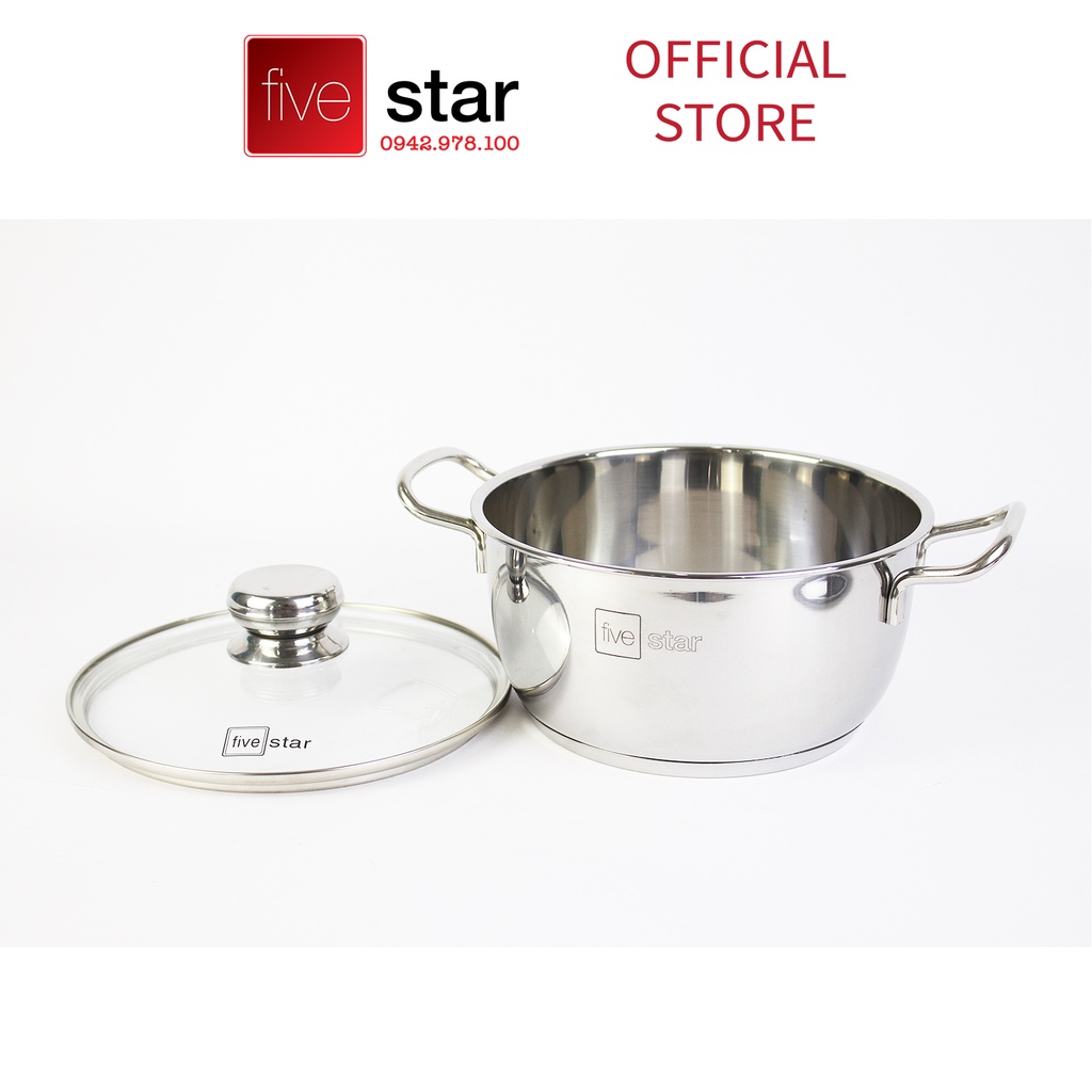 Bộ Nồi 3 Đáy Inox 430 Fivestar Standard nắp kính/ nắp inox (1 Quánh 18cm, 2 Nồi 20cm-24cm, 1 Chảo 24cm và 1 Xửng 24cm)