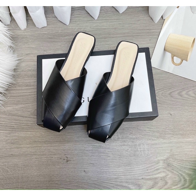 BEESHOES - GIÀY SỤC NỮ THỜI TRANG - SỤC DA MỀM ĐI ÊM CHÂN SẴN MÀU ĐEN KEM NÂU 210901