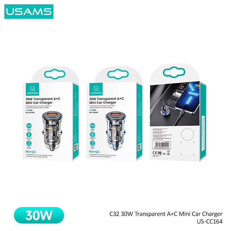 Bộ sạc xe hơi mini USAMS PD + QC 30W USB-A + USB-C 12V-24V hai cổng trong suốt thiết kế vỏ sò cho xe hơi