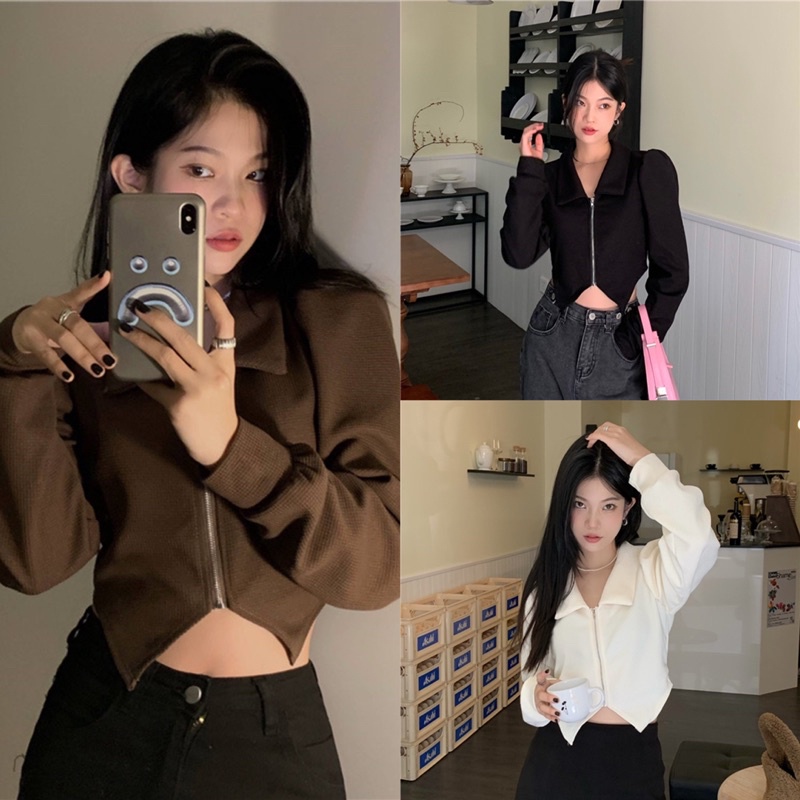Áo khoác croptop dài tay khoá kéo tay bồng thời trang
