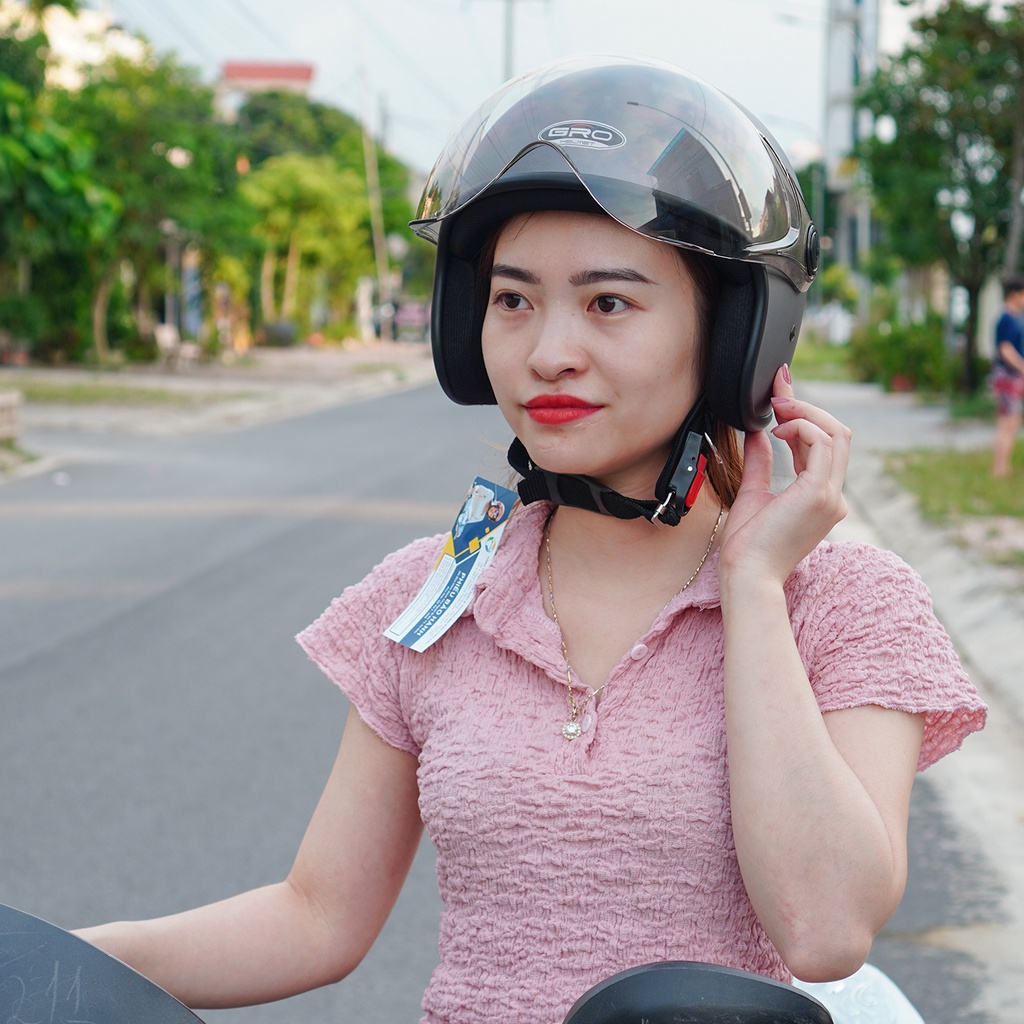 Mũ Bảo Hiểm 3/4 đầu GRO Helmet T818 có kính ngắn che nửa mặt, kiểu dáng thời trang cho nữ, khóa kim loại - Xám Nhám