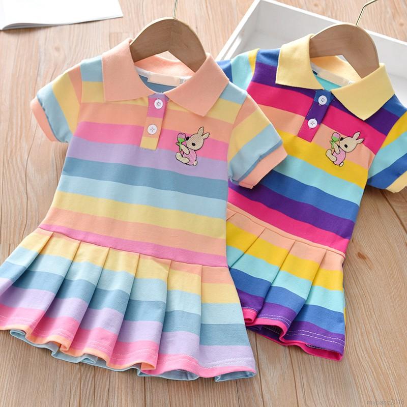 Baby Girls Dress Cotton Summer Cute Rainbow Rabbit Skirts Korean Children Short Sleeve Dresses