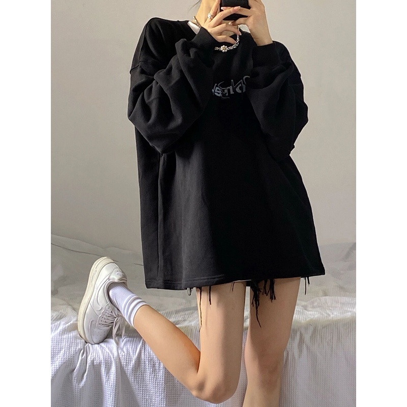 Áo Nỉ Dài Trung Bình Cổ Tròn Dáng Rộng In Chữ Thời Trang Mùa Thu Cho Nữ