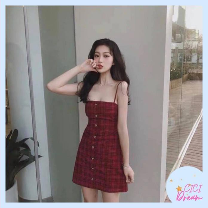 Đầm Xòe 2 Dây Kẻ Caro Đỏ Dáng Chữ A Hở Lưng Buộc Nơ, váy 2 dây kẻ đỏ nơ lưng ulzzang đẹp