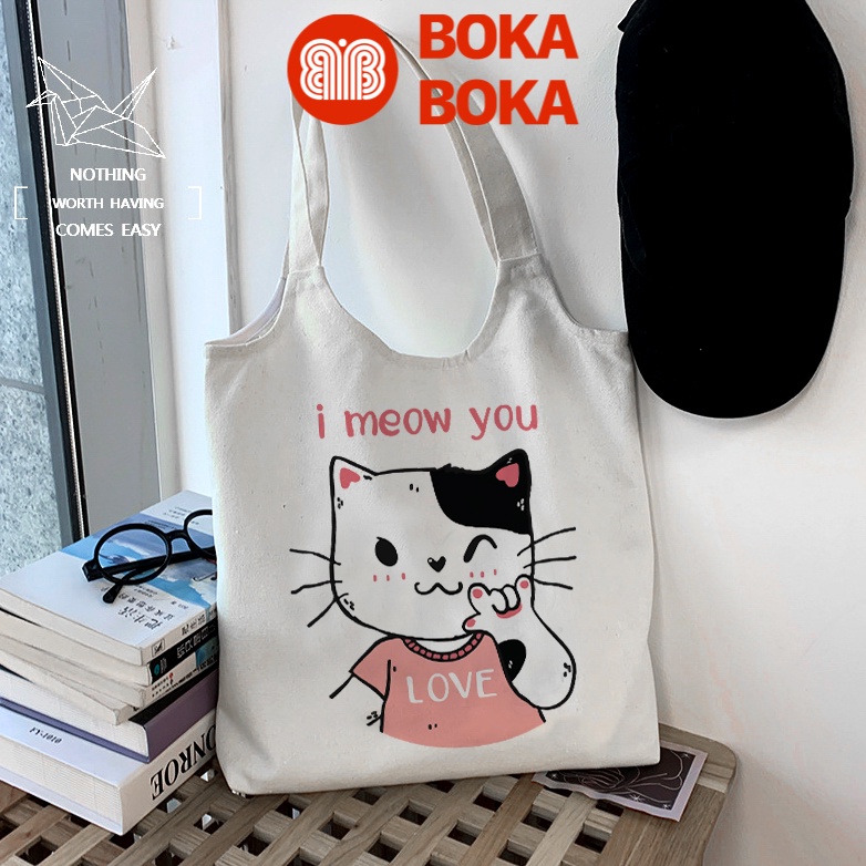 Túi Tote Vải Canvas Quai Tròn Hình Mèo Meow U Phong Cách Ulzzang (Có Khóa Kéo)