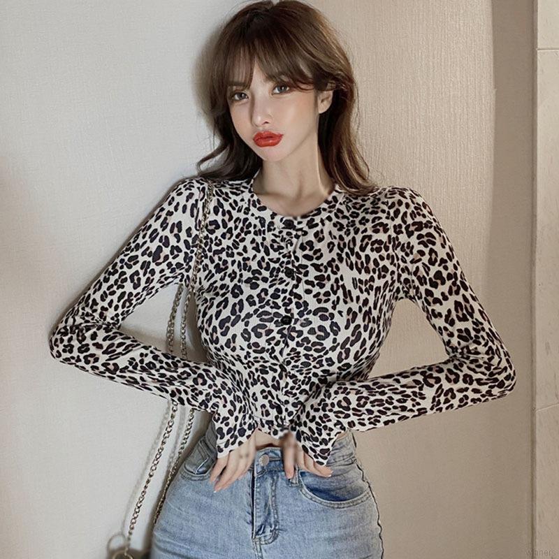 Áo croptop cardigan tay dài hoạ tiết da báo phong cách Hàn Quốc quyến rũ cho nữ