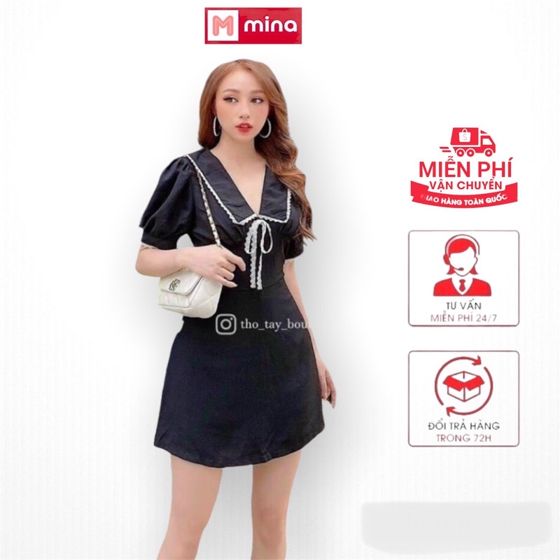 Đầm đen ngắn MINA đầm body nữ Freesize 60kg có nơ ở cổ siêu gợi cảm