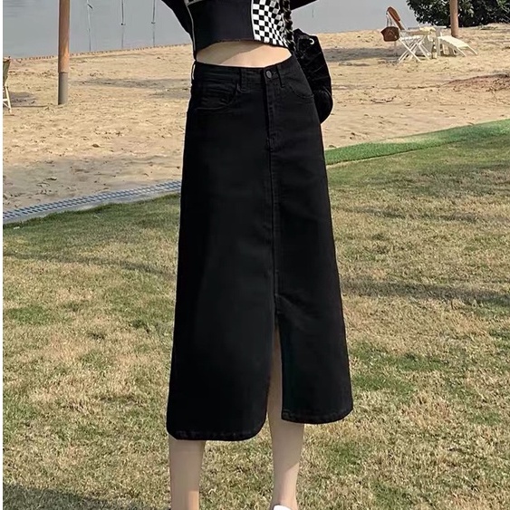 Chân váy dài cạp cao xẻ trước phong cách Ulzzang_A12