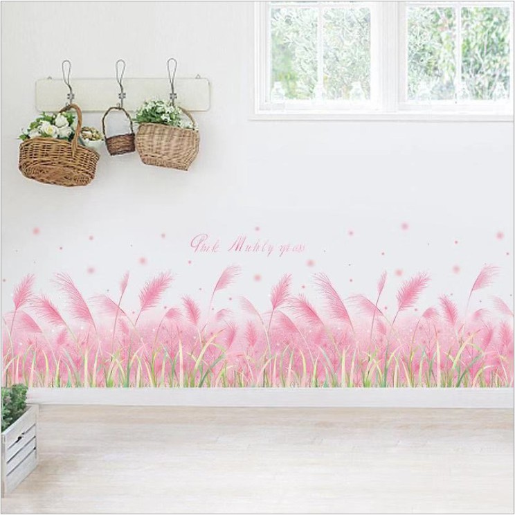 Decal dán chân tường ⚡ FREESHIP ⚡ Cỏ bông lau màu hồng Amyshop