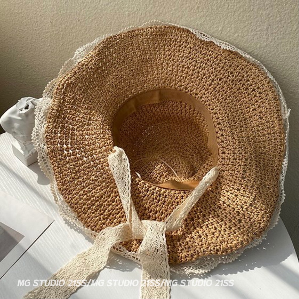 Mũ cói rộng vành phối ren phong cách Hàn Quốc thời trang hè sành điệu