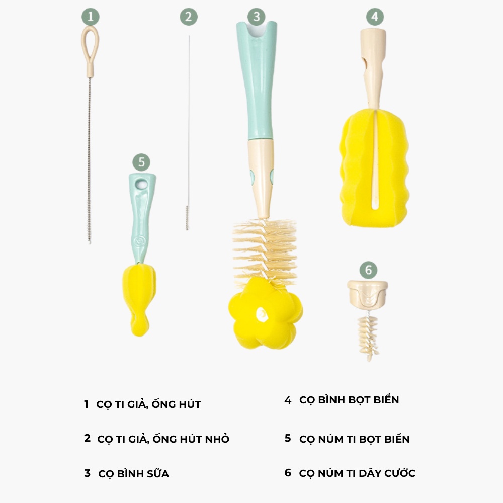Cọ bình sữa 6 chi tiết cao cấp cho bé Moonship tay cầm xoay 360 độ LABAMO CB01