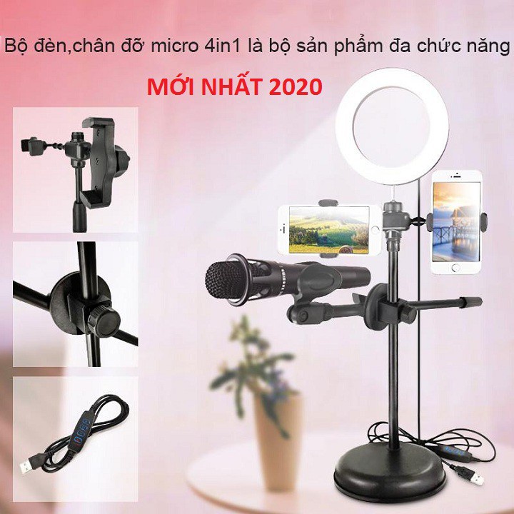 Đèn livestream 4in1 để bàn có chân đỡ micro livestream 2 kẹp điện thoại - bộ giá đỡ điện thoại livestream 4in1