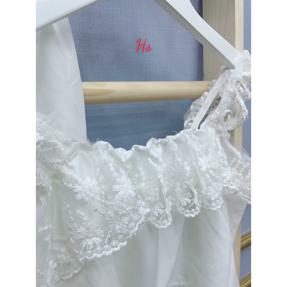 Bộ Ngủ Áo 2 Dây Phối Voan Kèm Quần Short Chất Đũi Trắng | BigBuy360 - bigbuy360.vn