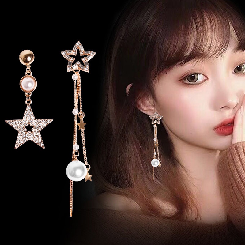 Khuyên tai dài mạ bạc 925 đính đá và ngọc trai xinh xắn thời trang cho nữ