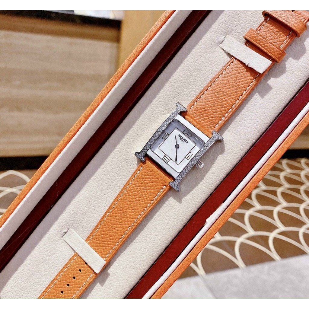 Đồng hồ Hermes Heure H Double Jeu nữ dây da - Viền Ceramic Mặt Đính Đá - Size 26x32mm hermes