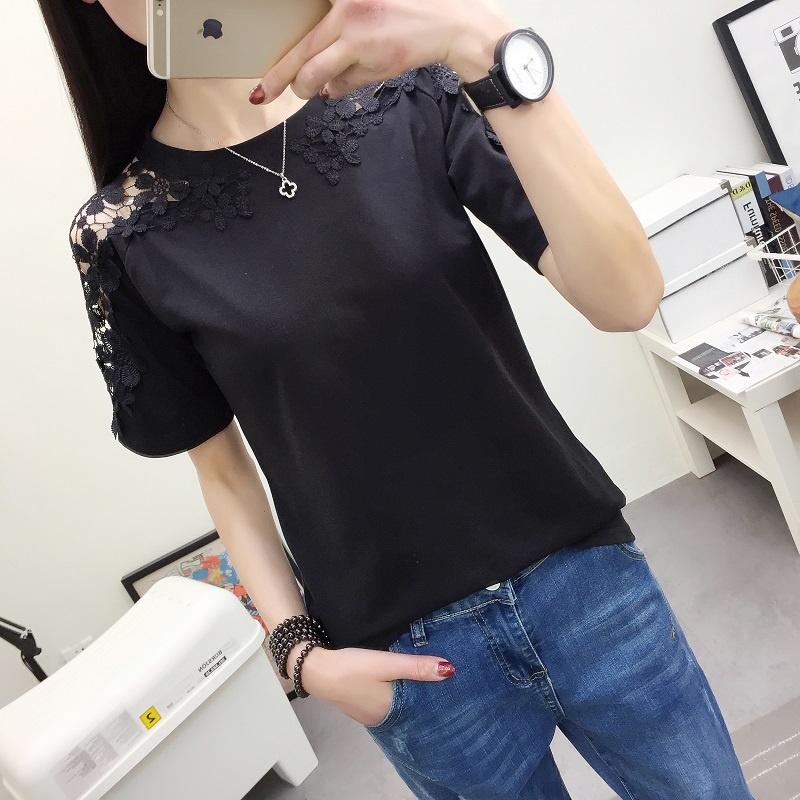 Áo Thun Nữ Tay Ngắn Phối Ren Phong Cách Hàn Quốc