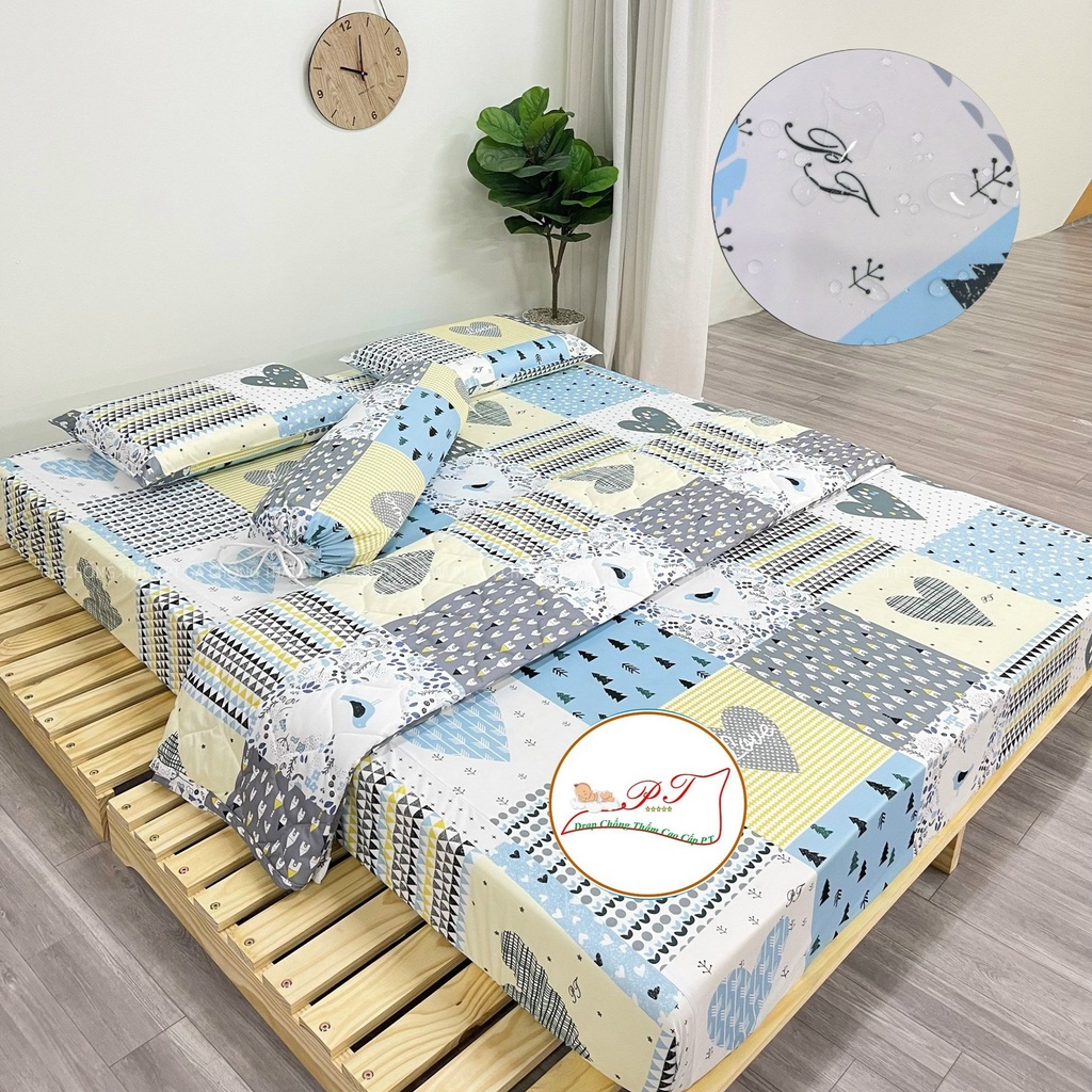 Bộ ga chống thấm cotton cho bé, drap chống thấm nước cao cấp kèm vỏ gối đầu và vỏ gối ôm mềm mịn mát (mẫu love xanh)