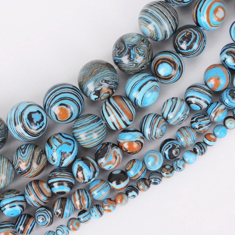 Chuỗi hạt đá Malachite tròn màu xanh lam ren 4 6 8 10 12 MM dài 15&quot; làm trang sức tùy chọn