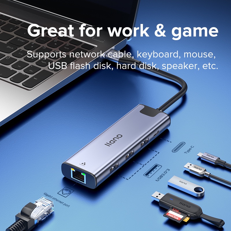 HUB LLANO giao diện USB Type C 4k HDMI USB 3.0 RJ45 Lan PTG PD 6 trong 1 cho laptop